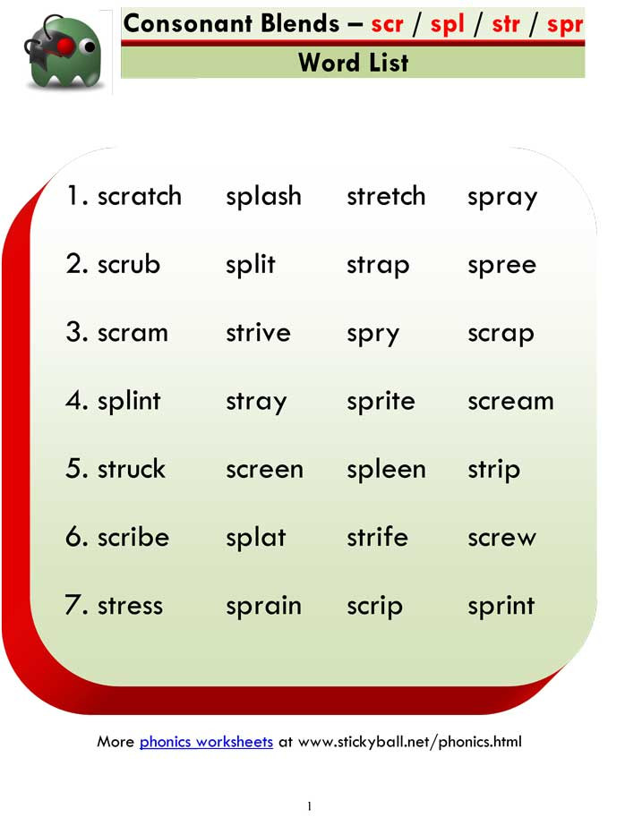 Consonant Blends Worksheets 3rd Grade Consonant Blends Scr Spl Spr Str Word List and Sentences