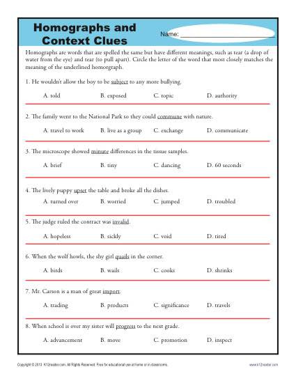 Context Clues 5th Grade Worksheets Homographs and Context Clues