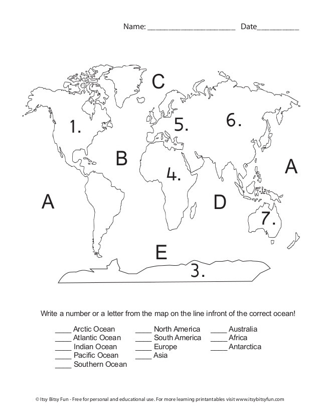 Continents and Oceans Printable Worksheets 7cand5o Worksheets