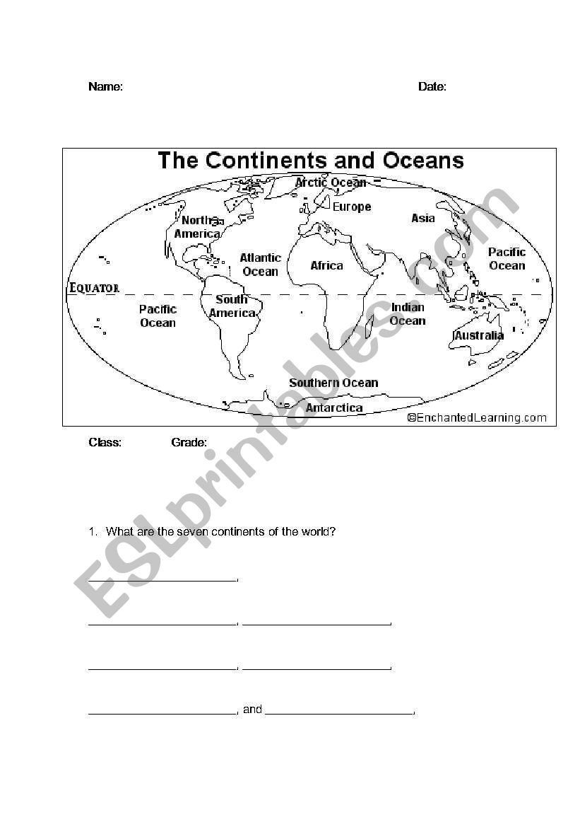 Continents and Oceans Printable Worksheets Continents and Oceans Esl Worksheet by Bbrenton