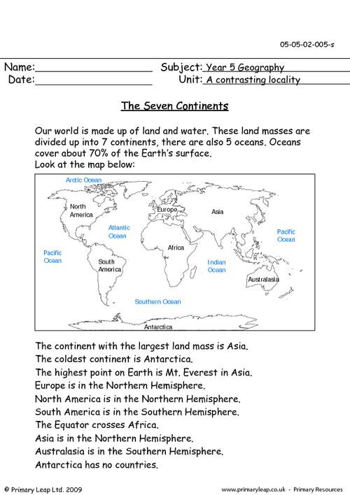 Continents and Oceans Printable Worksheets Geography the Seven Continents Worksheet