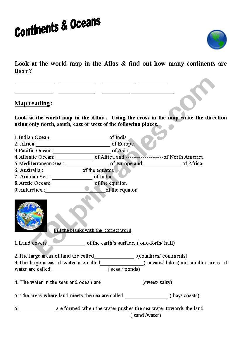 Continents and Oceans Worksheet Printable Continents &amp; Oceans Esl Worksheet by Jhansi