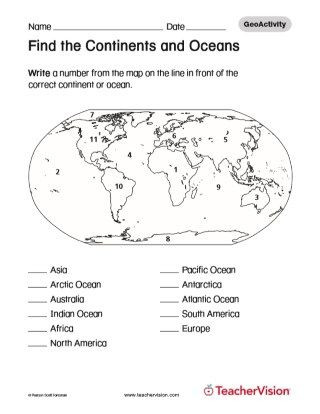 Continents and Oceans Worksheet Printable Find the Continents and Oceans