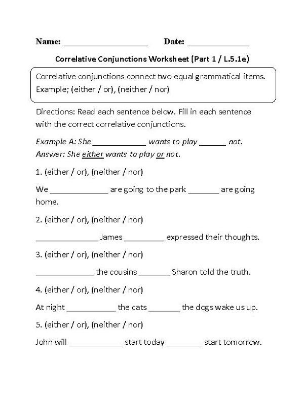 20 Correlative Conjunctions Worksheet 5th Grade Desalas Template