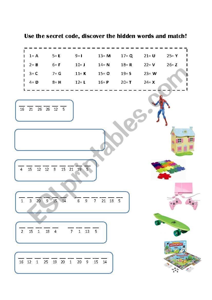 Crack the Code Worksheets Printable Crack the Code and Plete the Names Of the toys Esl