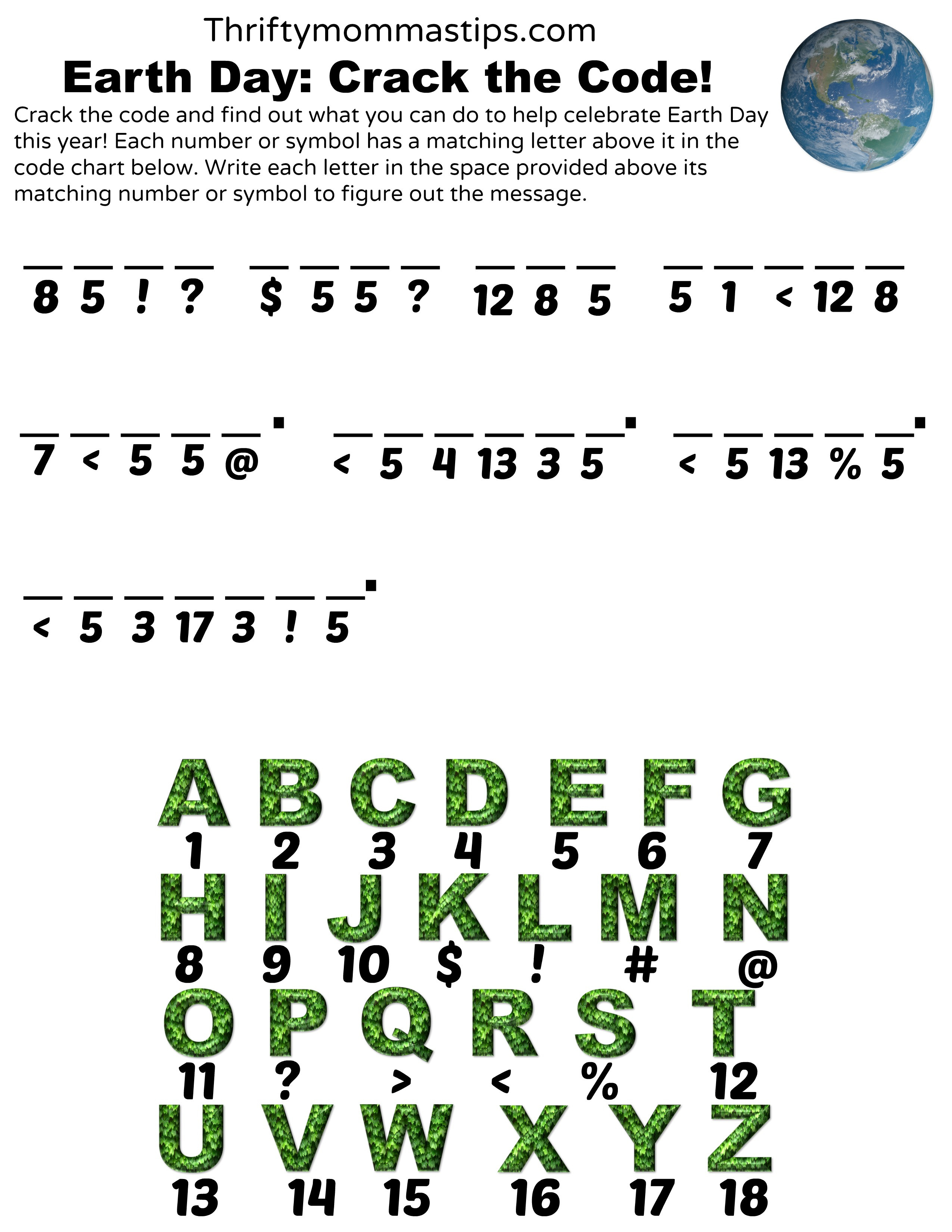 Crack the Code Worksheets Printable Earth Day Crack the Code Printable Thrifty Mommas Tips