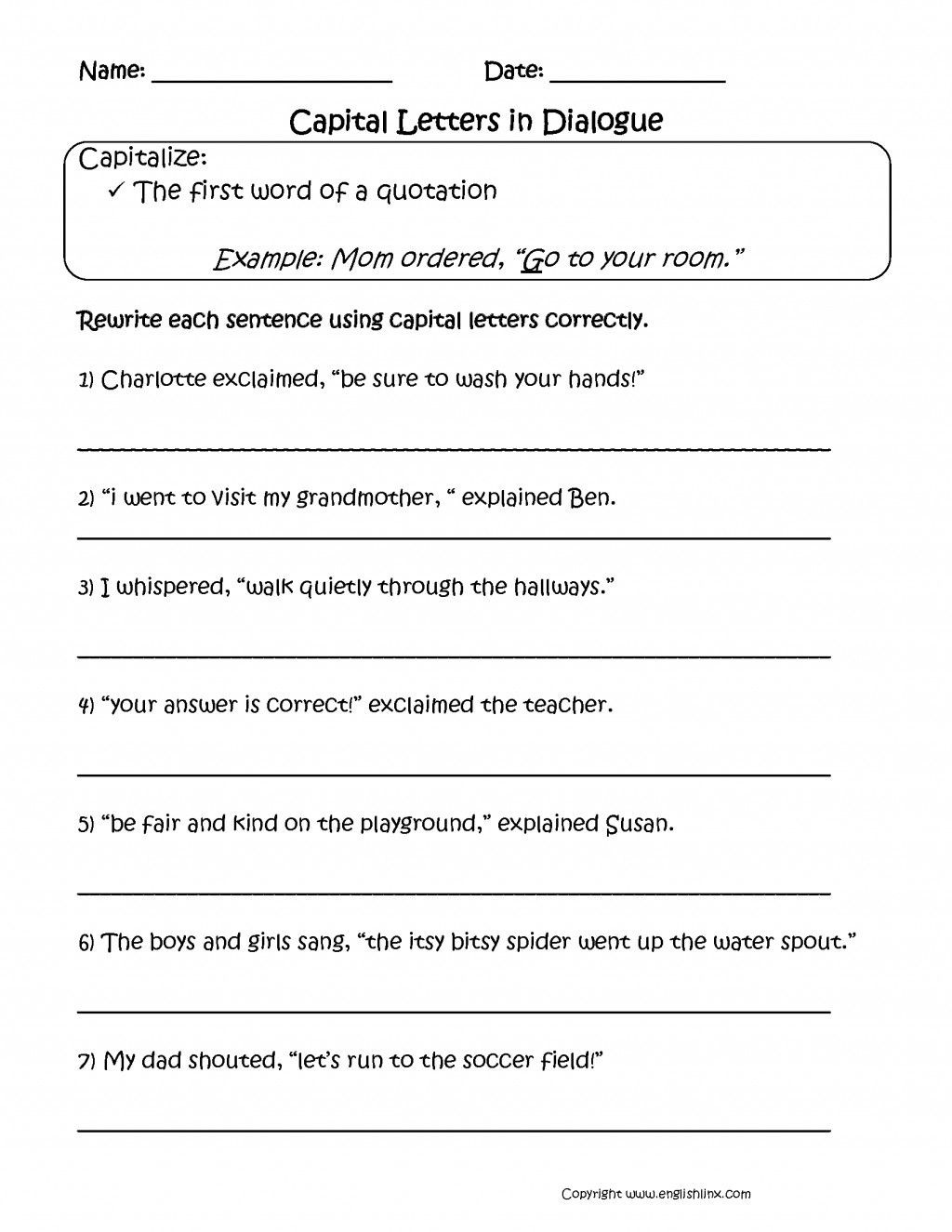 Dialogue Worksheet 5th Grade 4 Free Grammar Worksheets Third Grade 3 Capitalization