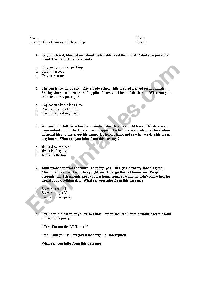 Drawing Conclusions Worksheets 4th Grade Drawing Conclusions Inferencing Esl Worksheet by Sallystay
