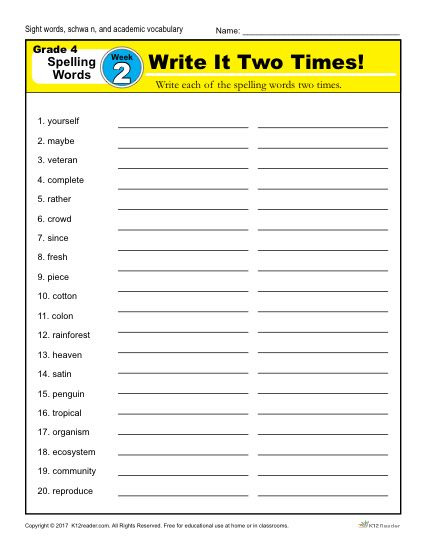 Ecosystem Worksheets 4th Grade Fourth Grade Spelling Words List Week 2