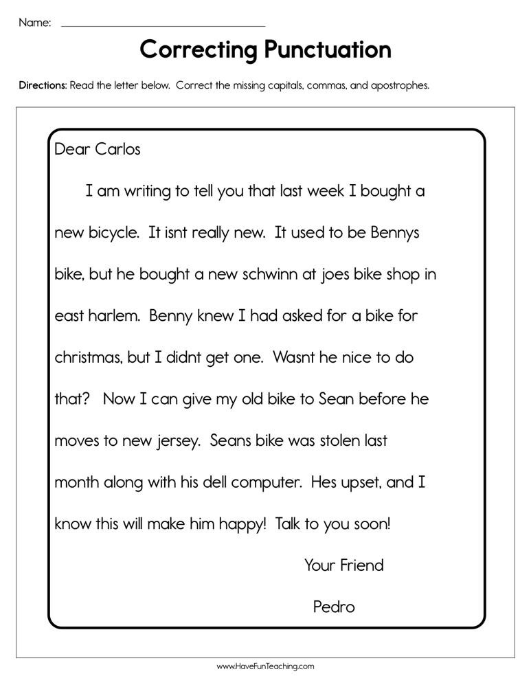 Editing Sentences 3rd Grade Correcting Punctuation Worksheet
