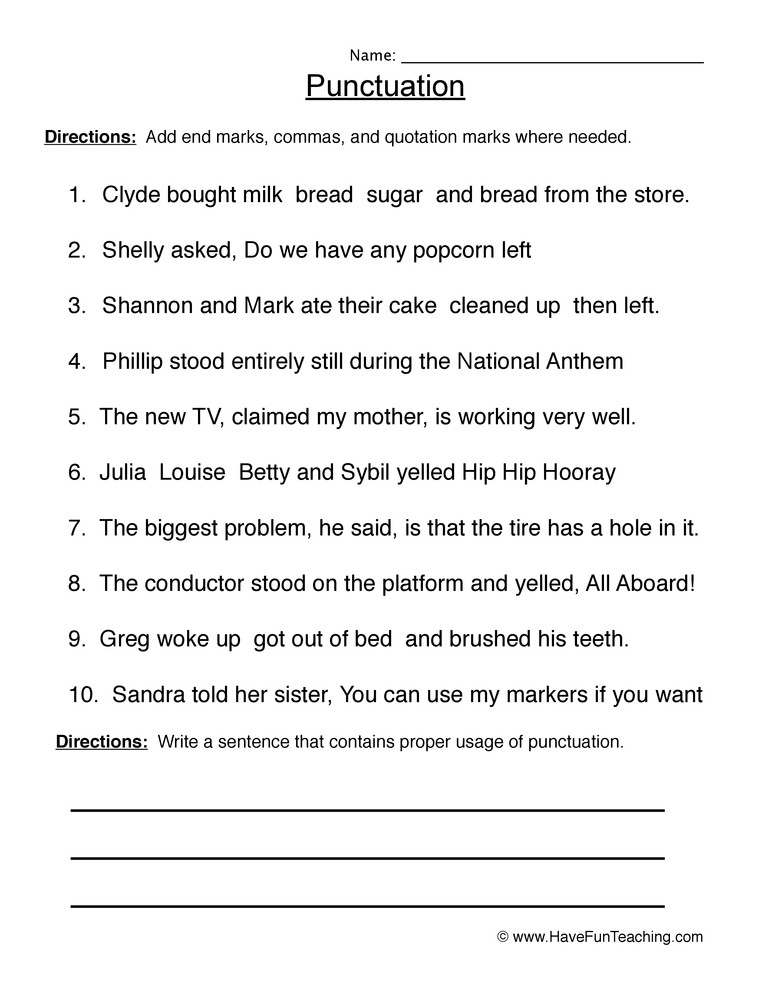 Editing Sentences 3rd Grade Punctuation Review Worksheet