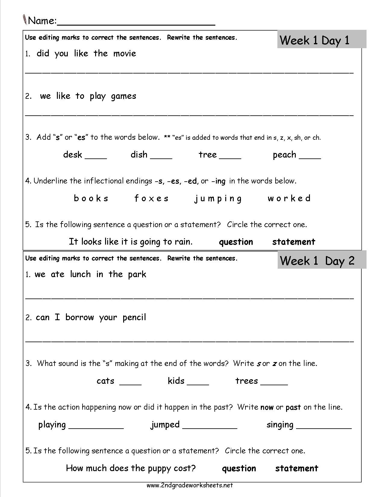 Editing Worksheet 2nd Grade 2ndgradeworksheets Free 2nd Grade Worksheets