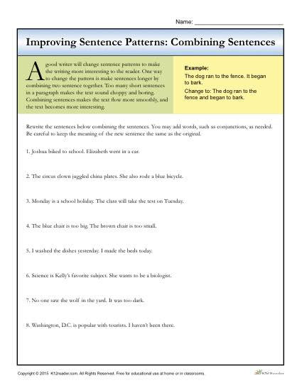 Editing Worksheets 2nd Grade Sentence Patterns Bining Sentences