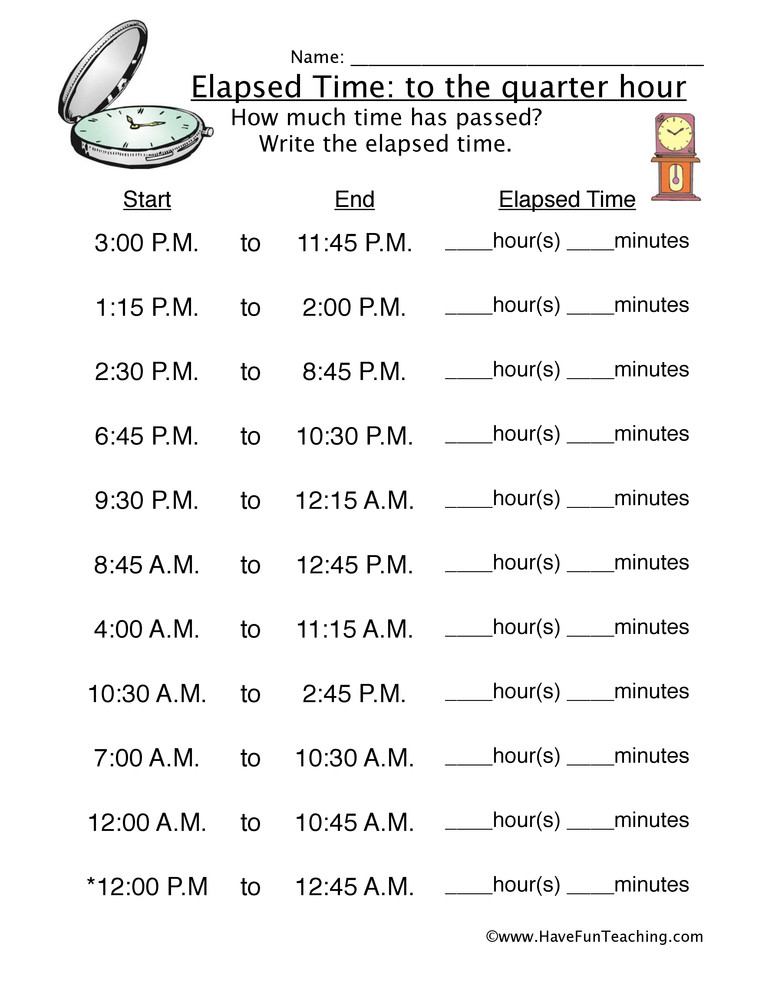Elapsed Time 3rd Grade Worksheets Elapsed Time Quarter Hour Worksheet