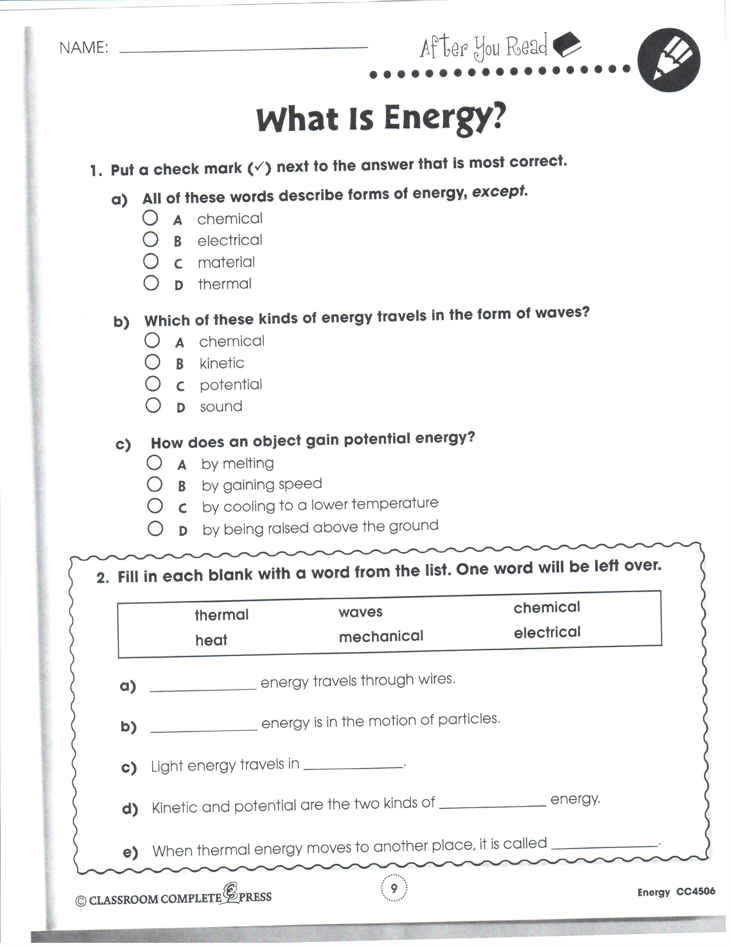 Energy 4th Grade Worksheets Science Energy Fourth Grade