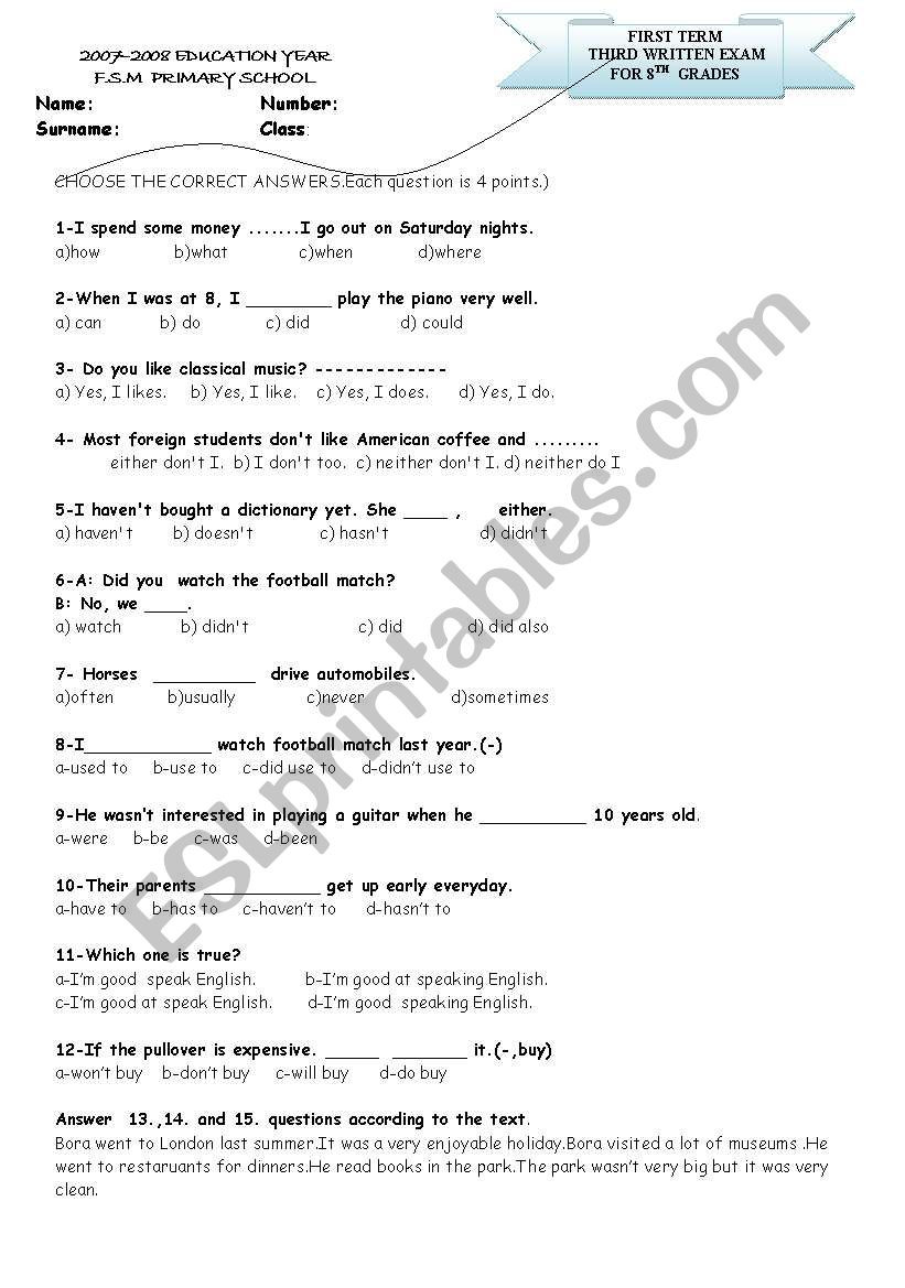 English Worksheets for 8th Grade Exam for 8th Grades In order to Revise Grammar Subjects