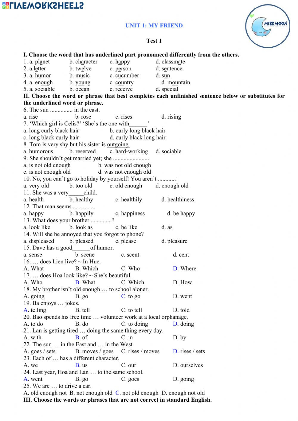 English Worksheets for 8th Grade Grade 8 Unit 1 Test 1 Interactive Worksheet