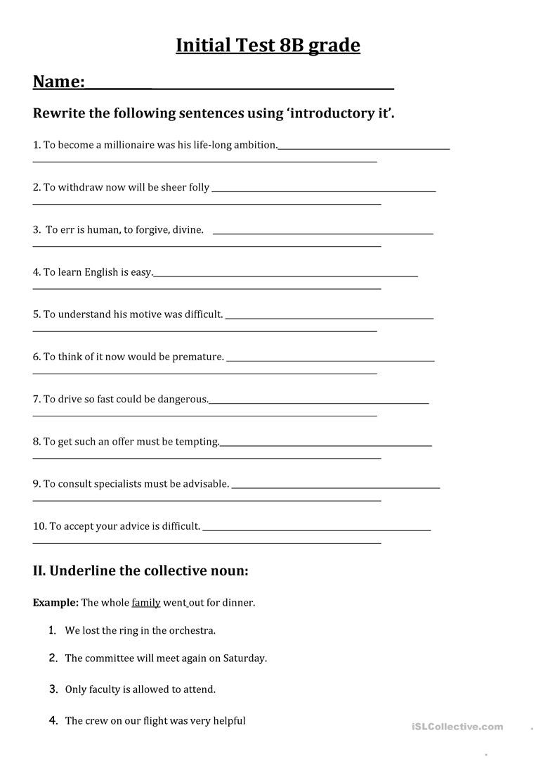 English Worksheets for 8th Grade Initial Test for the 8th Grade English Esl Worksheets for