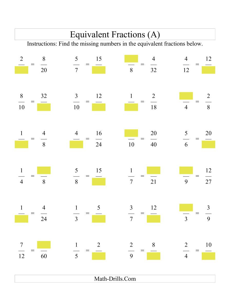 Equivalent Fractions Worksheets 5th Grade Missing Numbers In Equivalent Fractions A