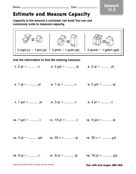 Estimating Products Worksheets 4th Grade Estimate and Measure Capacity Reteach 13 5 Worksheet