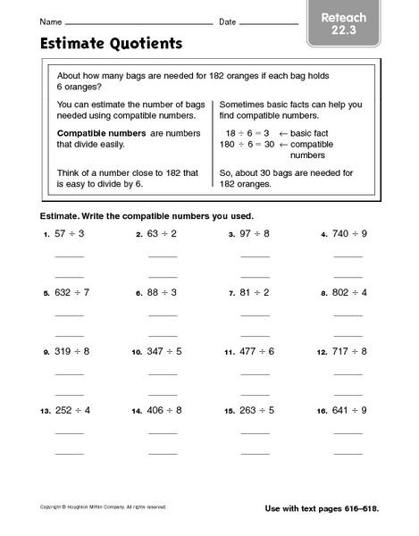 Estimating Products Worksheets 4th Grade Estimate Quotients Reteach 22 3 Worksheet for 4th 5th