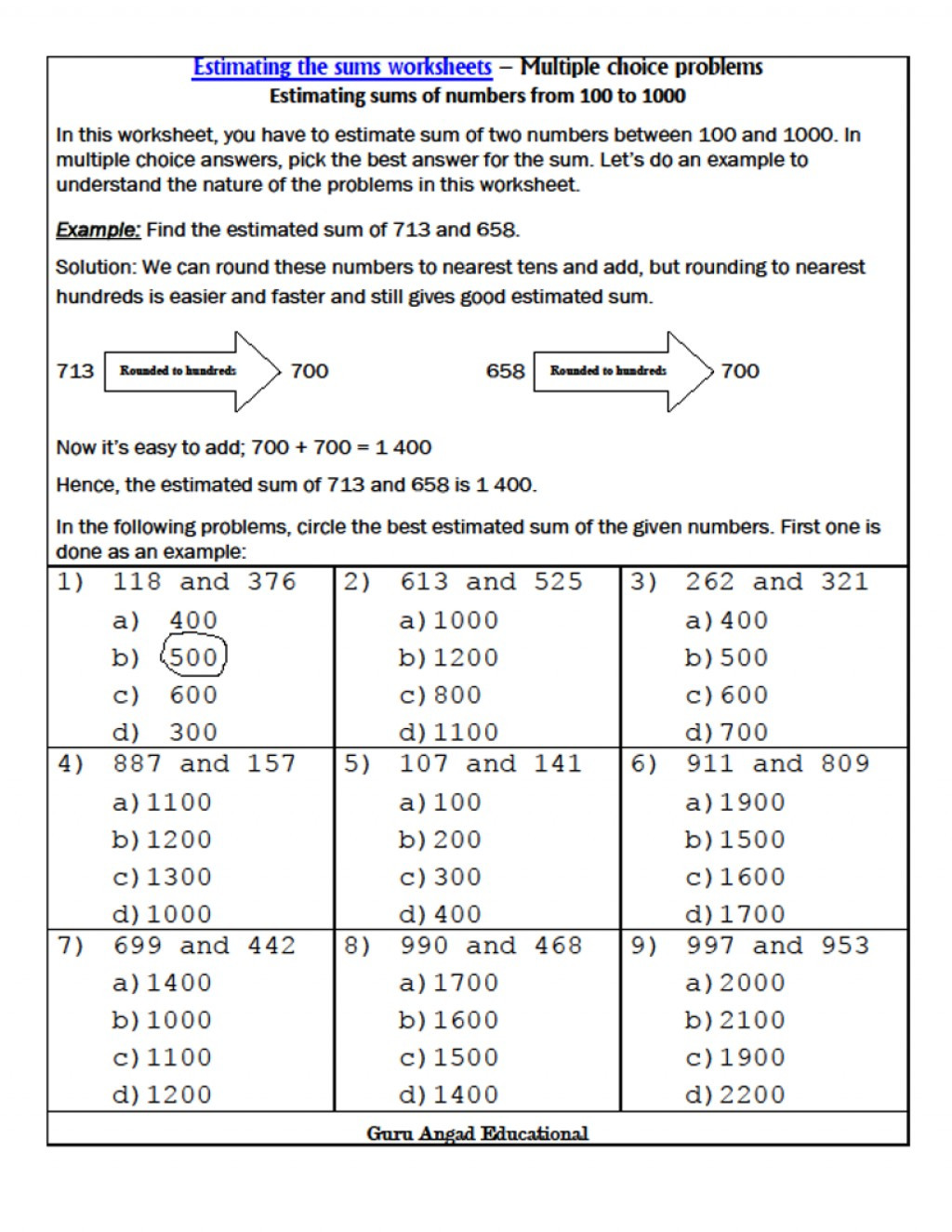 Estimating Sums Worksheets 3rd Grade Estimate Worksheet 3rd Grade