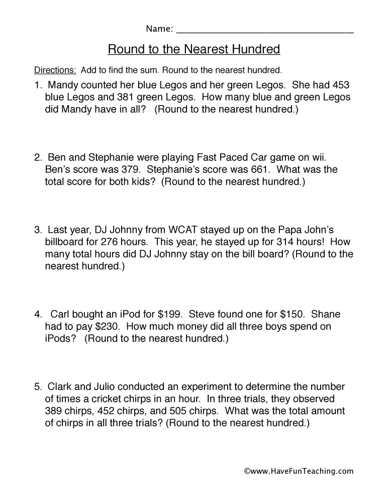 Estimating Sums Worksheets 3rd Grade Round to the Nearest Hundred Word Problems Worksheet