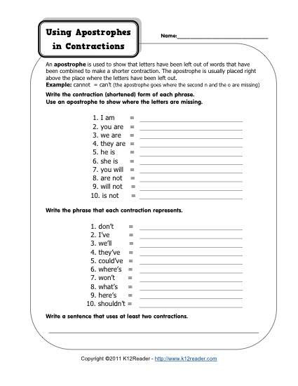Everyday Math 4th Grade Worksheets Apostrophes In Contractions Free Printable Punctuation