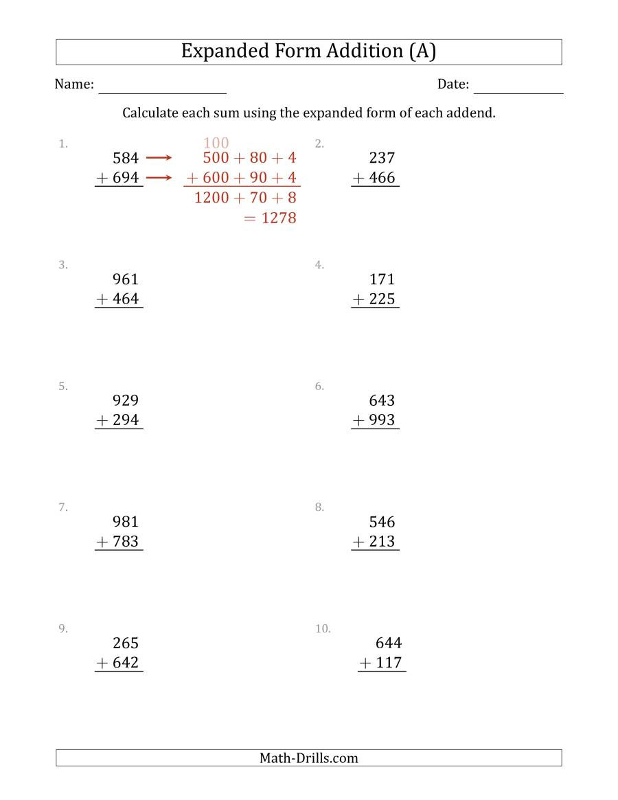 Expanded Notation Worksheets 3rd Grade 3 Digit Expanded form Addition A