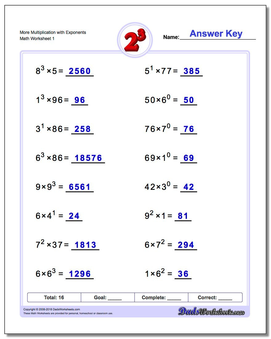 Exponents Worksheets 6th Grade Multiplication with Exponents