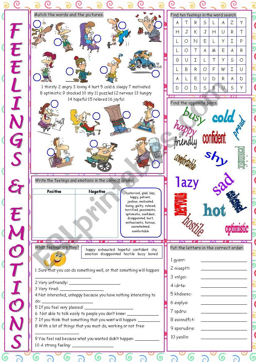 Feelings and Emotions Worksheets Printable Feelings &amp; Emotions Vocabulary Exercises Esl Worksheet by