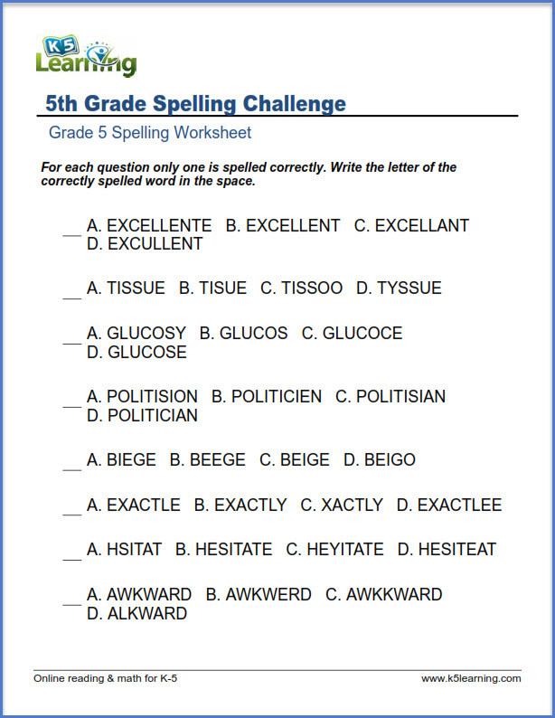 Fifth Grade Measurement Worksheets Fifth Grade Spelling Worksheets K5 Learning 5th Challenge