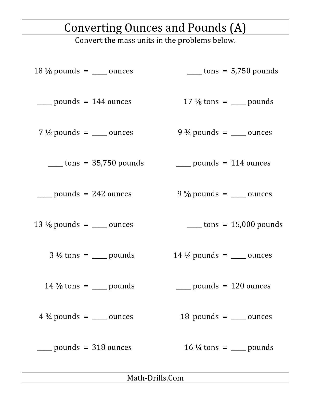 Fifth Grade Measurement Worksheets the Convert Between Ounces Pounds and tons with Fractional
