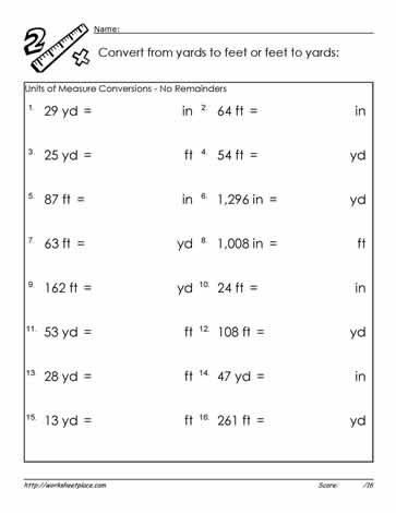 Fifth Grade Measurement Worksheets Yards Feet and Inches Worksheets