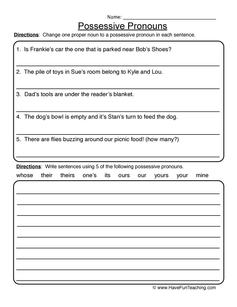First Grade Pronoun Worksheets Possessive Pronouns Worksheet