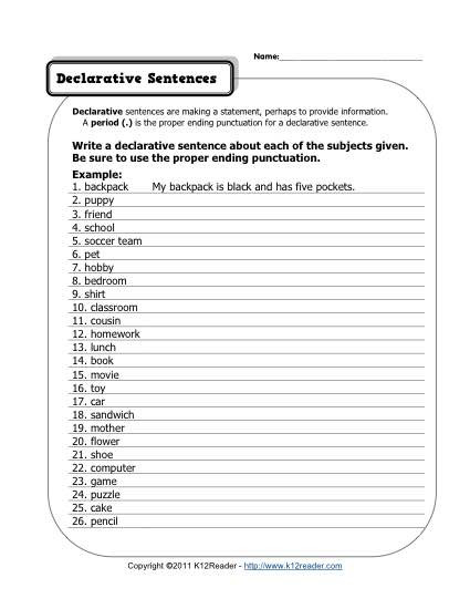 First Grade Sentence Worksheets Declarative Sentences