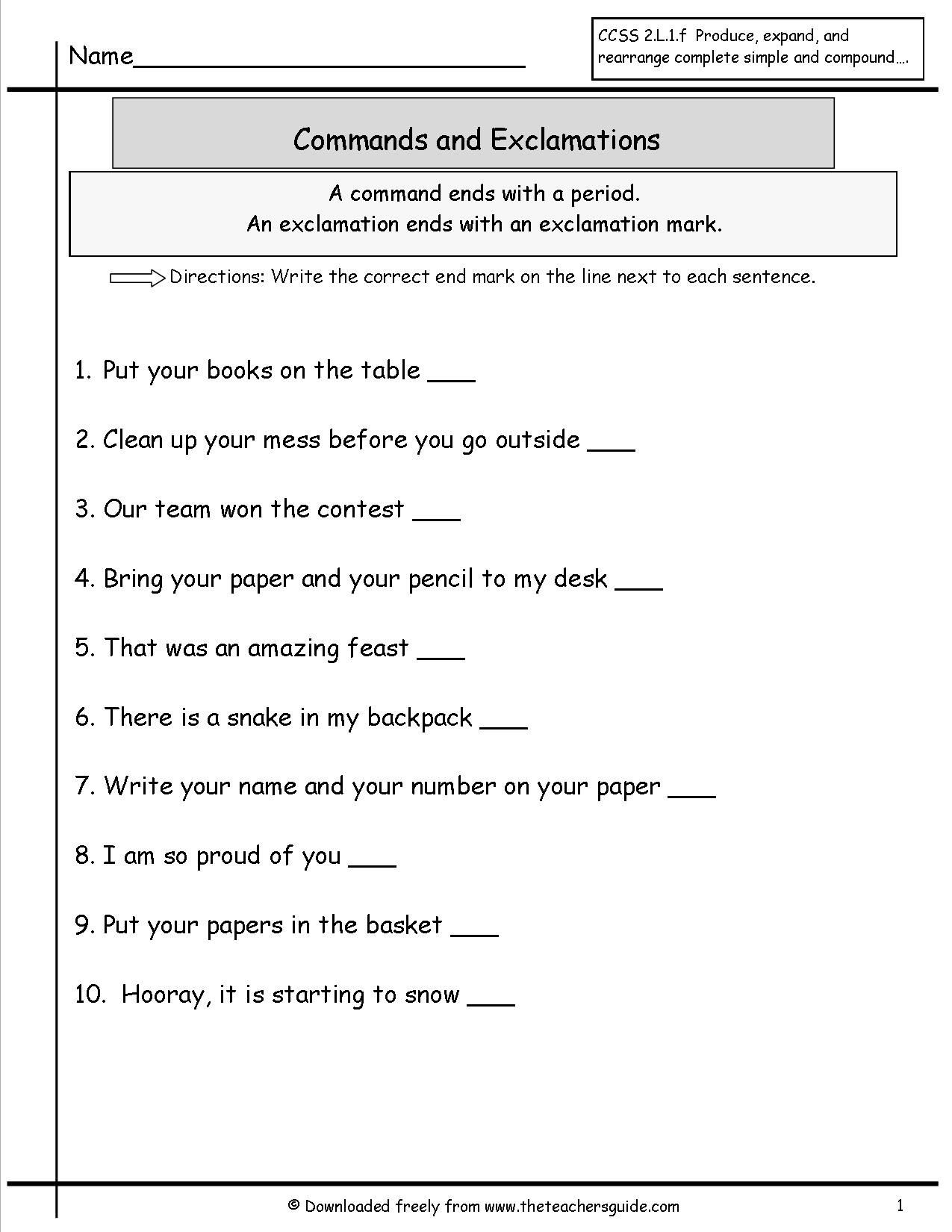First Grade Sentence Worksheets Mand or Exclamation Worksheet