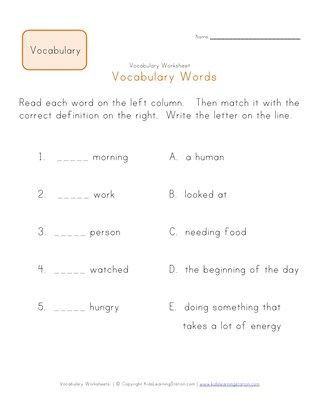 First Grade Vocabulary Worksheets 1st Grade Word to Definition Matching Worksheet