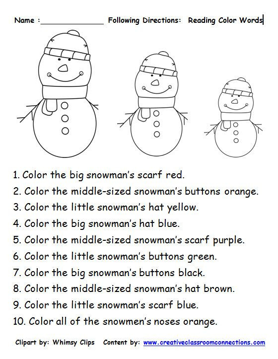 Following Directions Coloring Worksheet Free Following Directions with Snowmen and Color Words