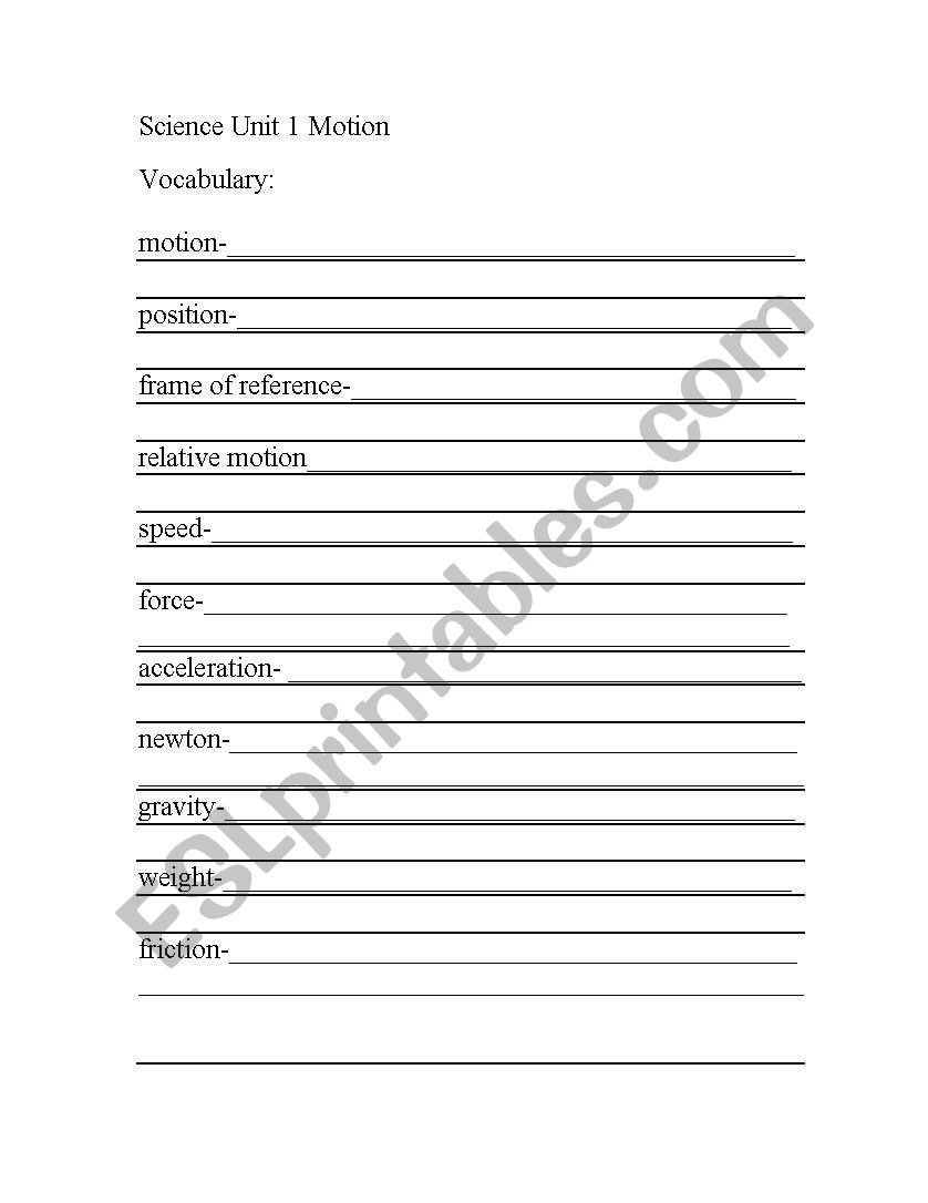 Force and Motion Printable Worksheets English Worksheets forces and Motion Vocabulary