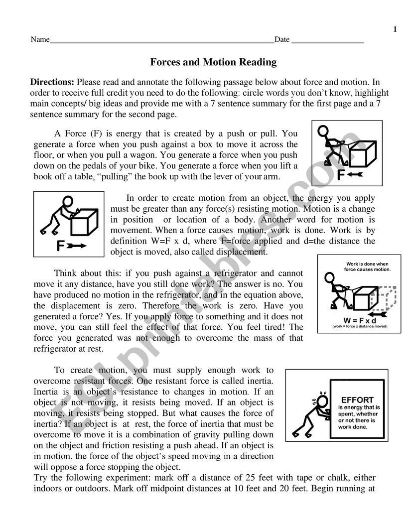 Force and Motion Printable Worksheets force and Motion Esl Worksheet by Tesm