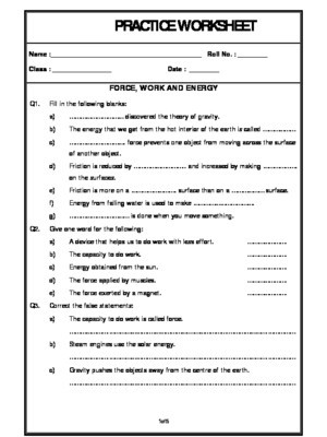 Force and Motion Printable Worksheets Questions On Work force and Energy for Grade 4