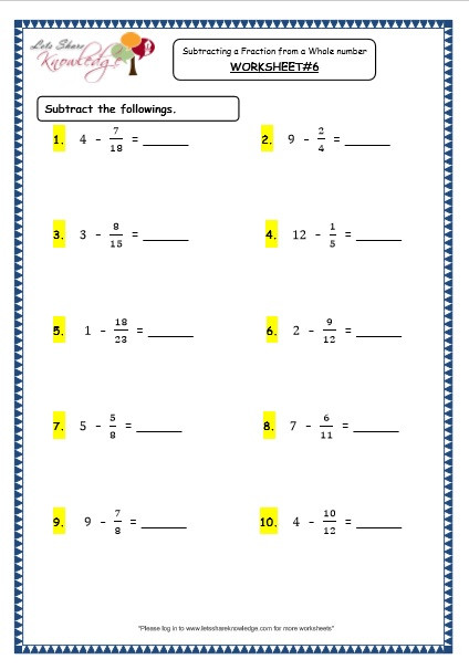 Fractions Worksheets Grade 4 Grade 4 Maths Resources 2 5 2 Subtracting A Fraction From A