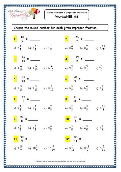 Fractions Worksheets Grade 4 Grade Maths Resources Mixed Numbers and Improper Fractions