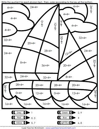 Free Addition Coloring Worksheets Division Color by Number Sailboat
