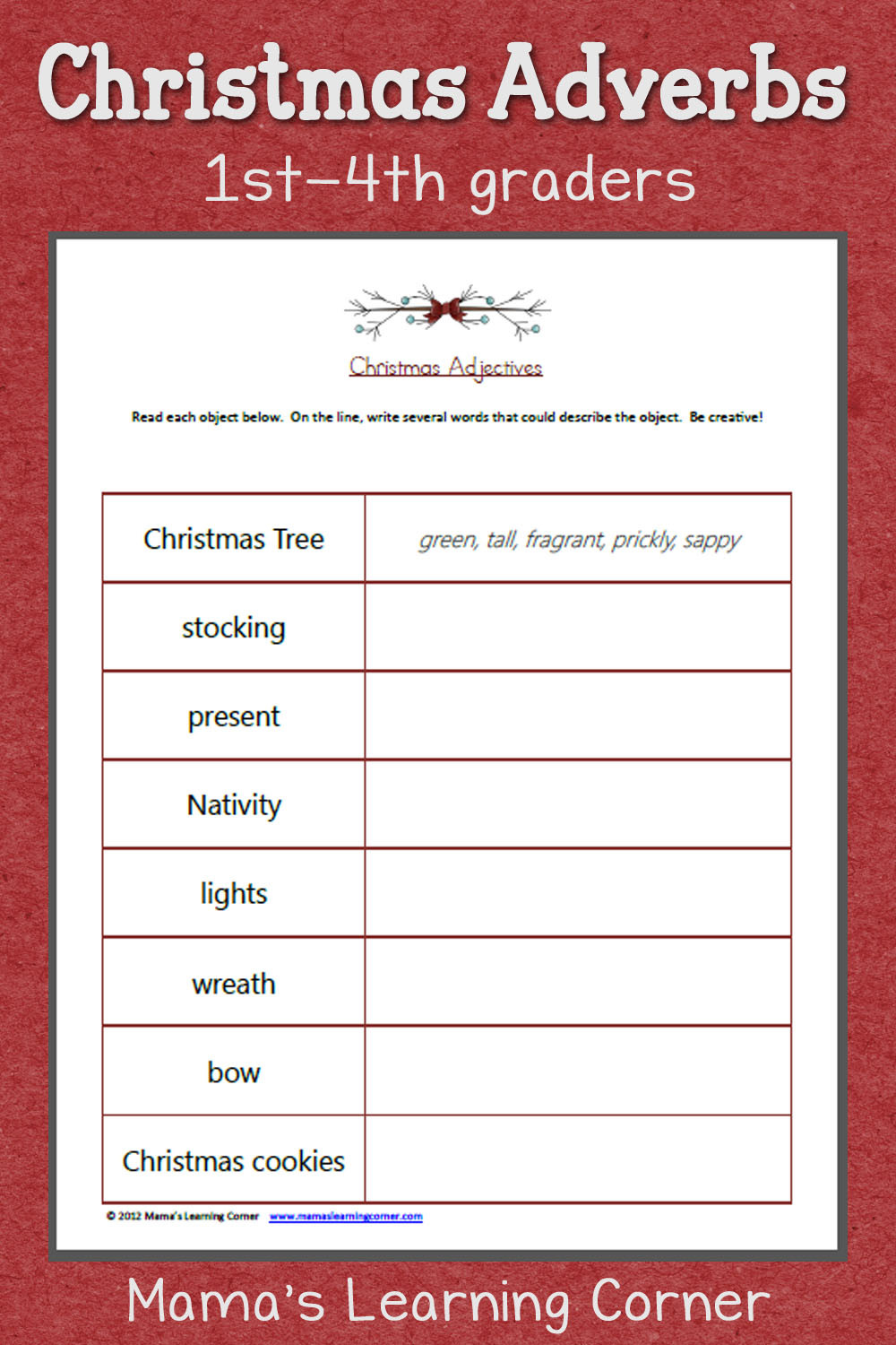 Free Printable Adjective Worksheets Christmas Adjectives Worksheet Mamas Learning Corner