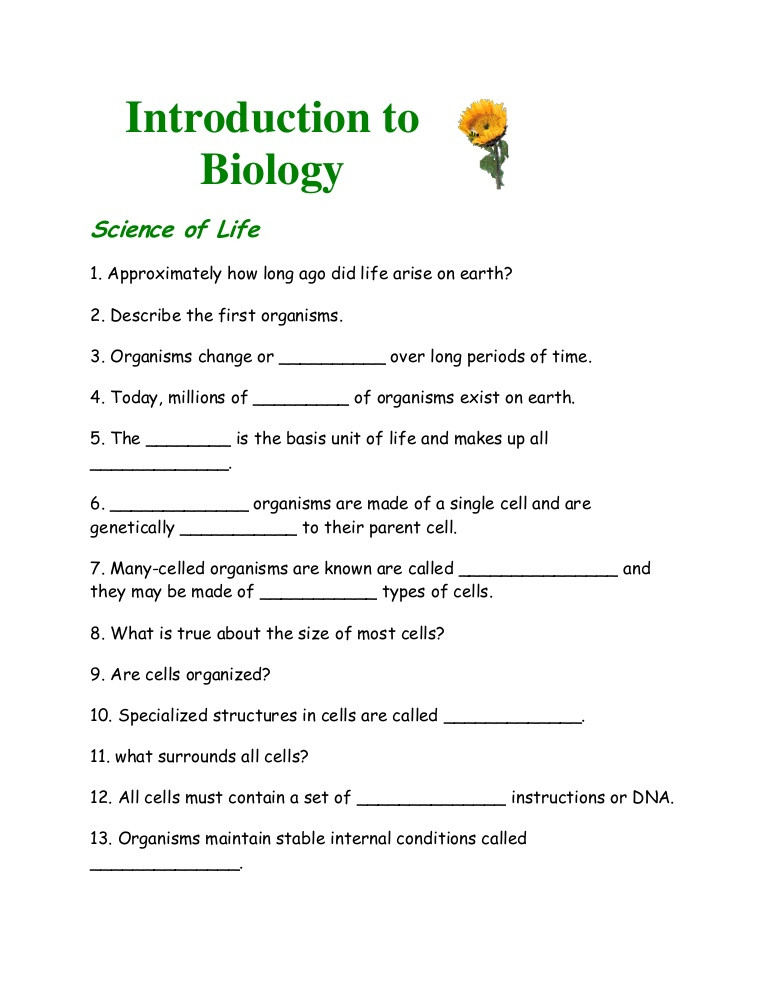Free Printable Biology Worksheets Introduction to Biology Worksheet From Notes
