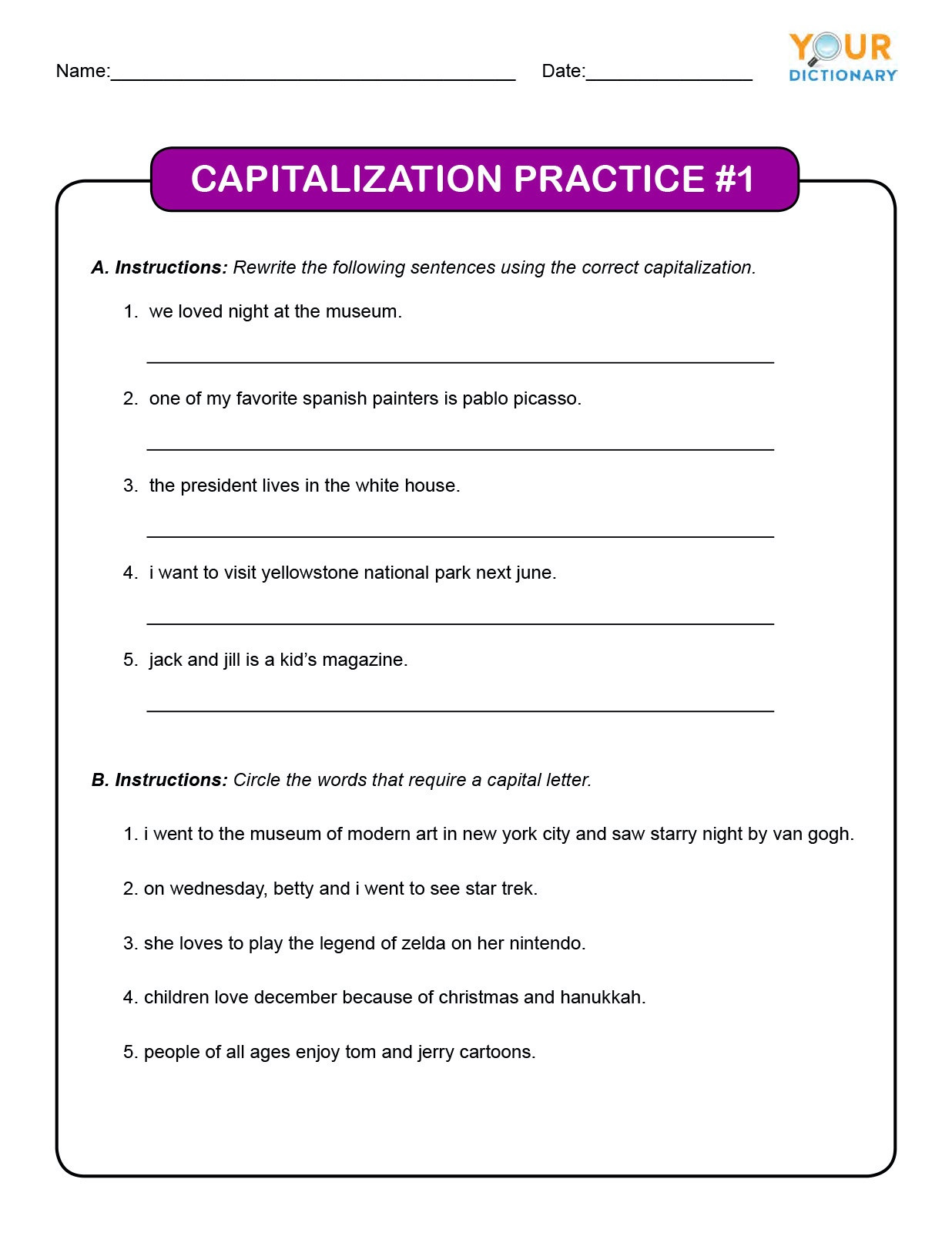 Free Printable Capitalization Worksheets 4th Grade Capitalization Worksheets
