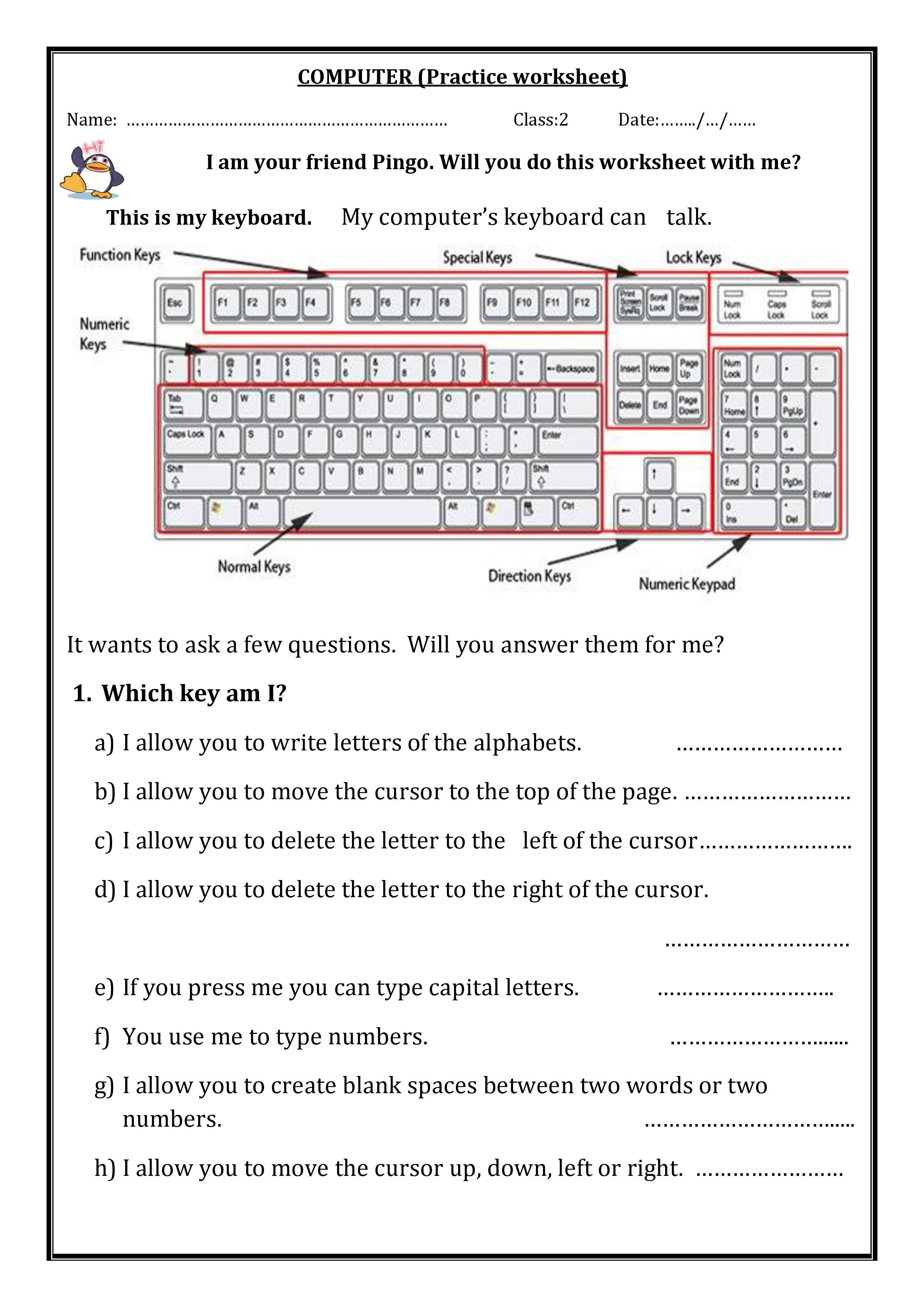 Free Printable Computer Keyboarding Worksheets Worksheet for Class 2 Notes