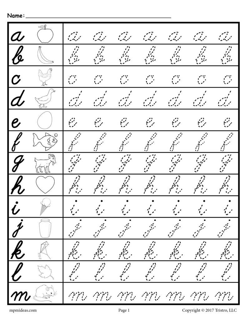 Free Printable Cursive Alphabet Chart Cursive Lowercase Letter Tracing Worksheets